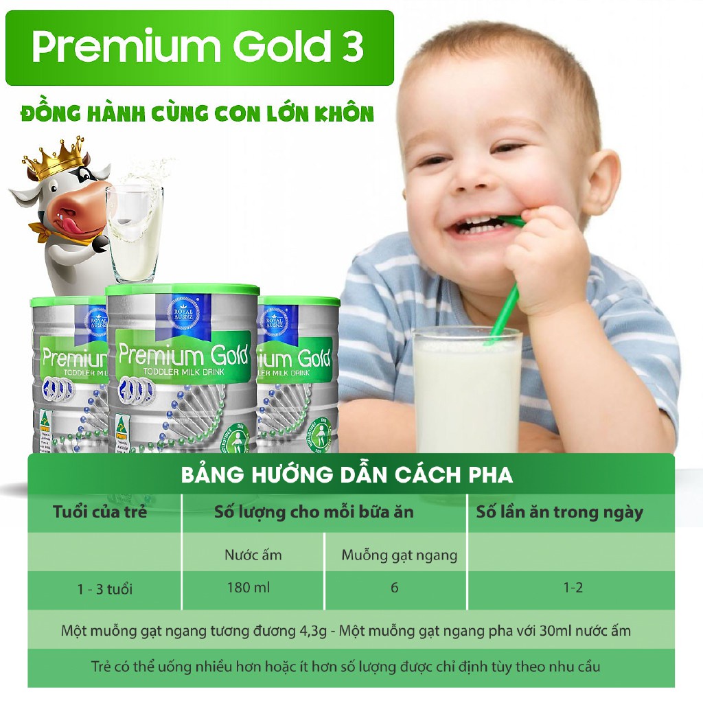 Sữa Bột Hoàng Gia Úc ROYAL AUSNZ Premium Gold Số 3 Bổ Sung Vitamin, Khoáng Chất Cho Trẻ Phát Triển 900g