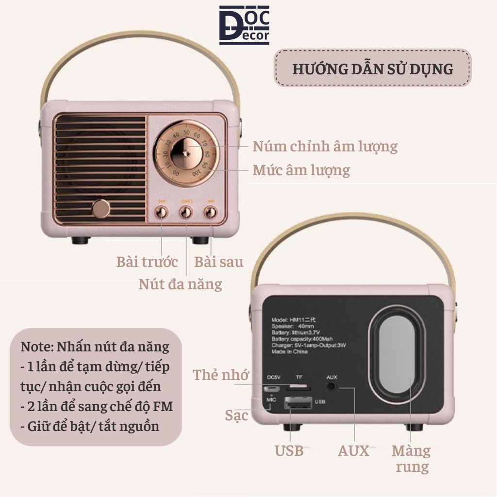 Loa Bluetooth mini HM11 Vintage Retro âm thanh 3D, Decor phòng ngủ, Quà tặng