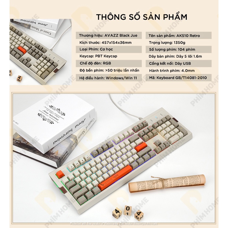 Bàn phím Ajazz AK510 - Bàn Phím Retro - Keycap PBT Doubleshot - LED 16,5 Triệu Màu - 1 ĐỔI 1 TRONG 6 THÁNG