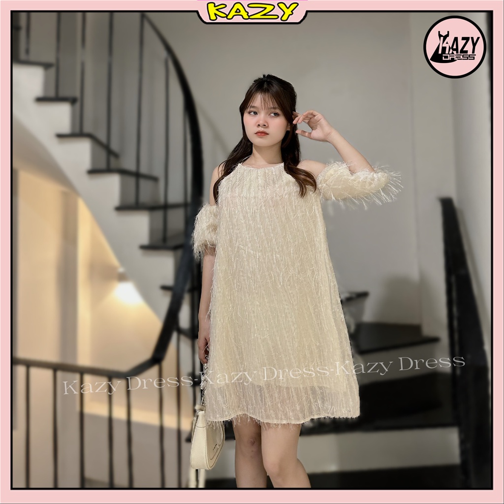 Váy cổ yếm trễ vai tơ lông mềm mịn phong cách tiểu thư KAZY DRESS V047 | BigBuy360 - bigbuy360.vn