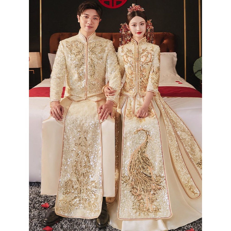 ∈❈Quần áo nam Xiuhe 2023 màu sâm panh mới Quần áo chú rể phong cách Trung Quốc đám cưới Xiuhe rồng và phượng áo khoác na