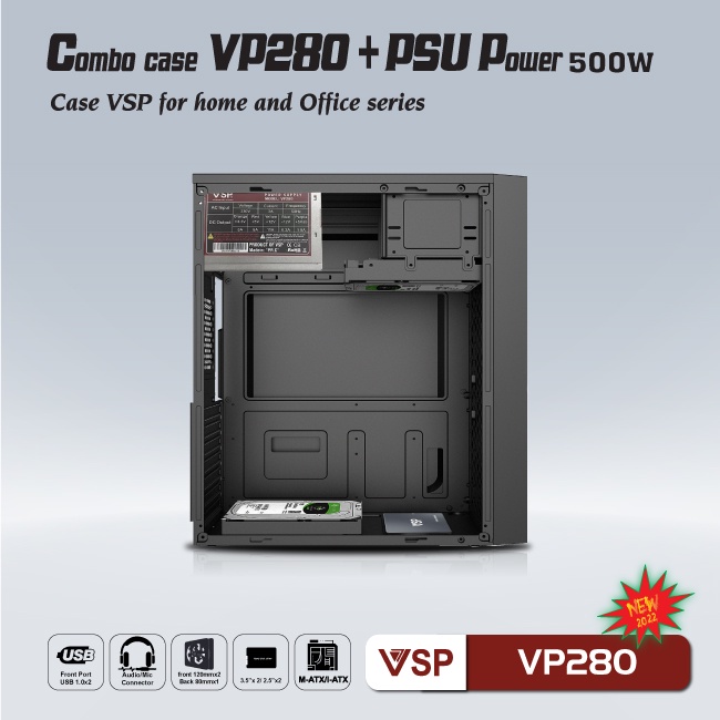 Combo Case văn phòng VP280 có sẵn nguồn 500W, Sơn Tĩn Điện, Thiết Kế Đẹp