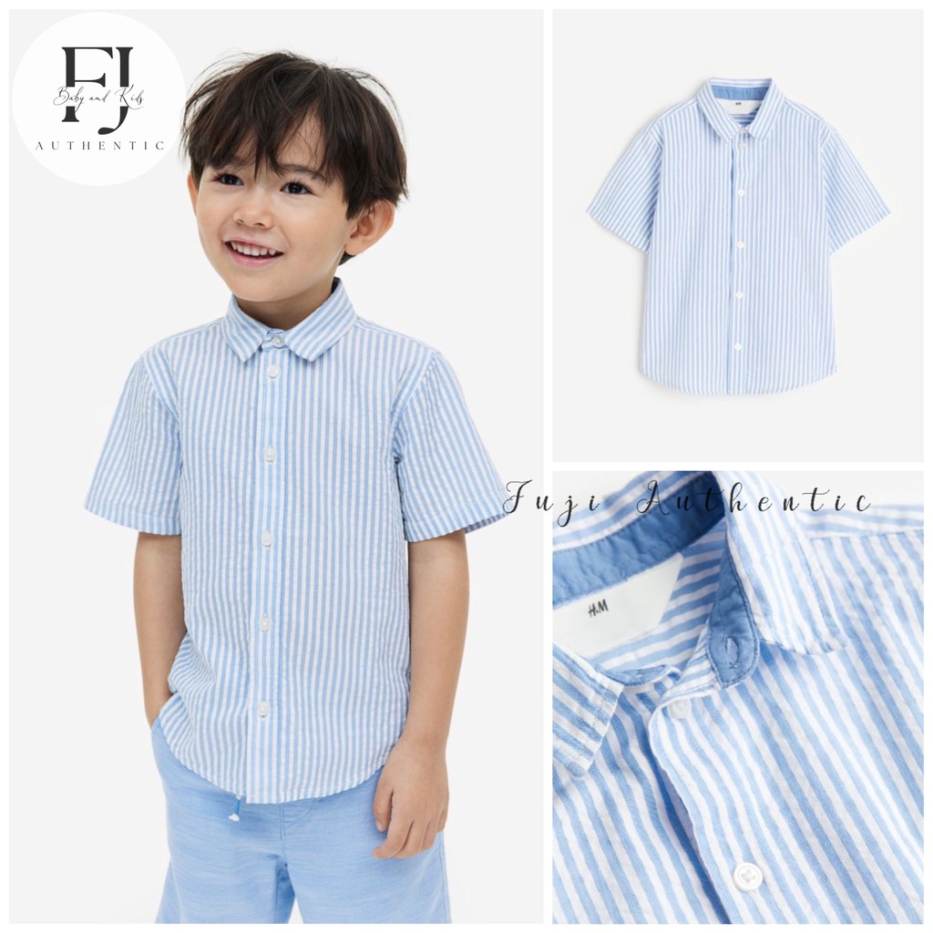 Áo sơ mi bé trai chính hãng HM, áo đi chơi cho bé 2 màu trắng xanh size 1-10 tuổi