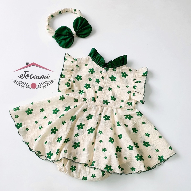 Bộ liền thân váy cánh tiên hoa xanh cao cấp - Tocxumi