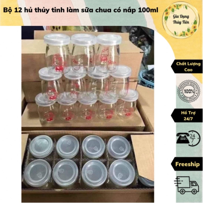 Bộ 12 hủ thủy tinh làm sữa chua có nắp 100ml