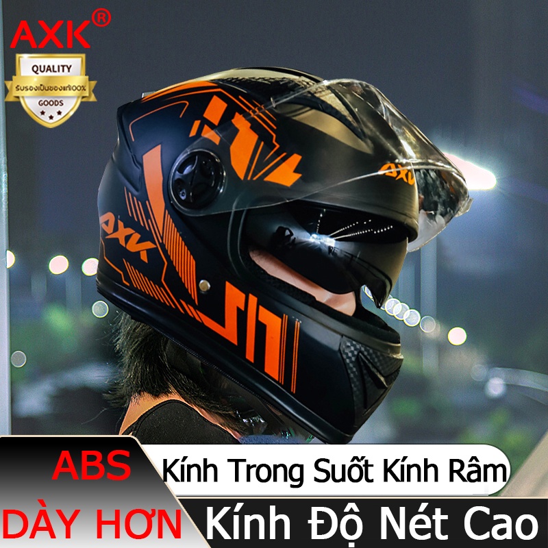 (Tặng Túi Đựng+Khăn Quàng Cổ) Mũ Bảo Hiểm Fullface AXK Helmet Có Kính Chính Hãng, Thiết Kế 2 Kính, Nhiều Màu, Free Size