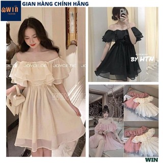 Váy voan tơ 2 lớp trễ vai tay bồng kiểu dáng hàn quốc tiểu thư bánh bèo dễ thương, Đầm công chúa tay bèo điệu đà - WIN