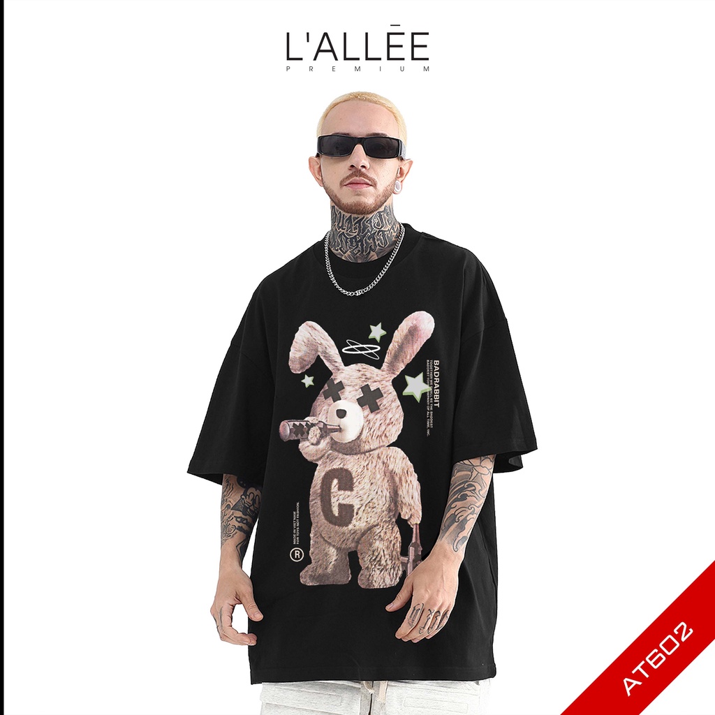 Áo thun Nam unisex LALLEE họa tiết Rabit chất liệu Cotton mềm mại, áo phông tay lỡ dáng đứng, dày dặn, thoáng mát AT602