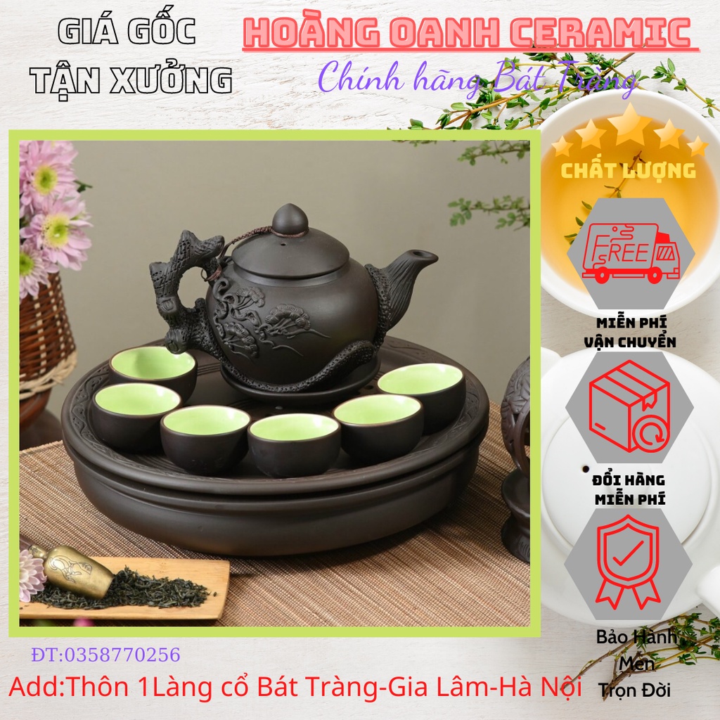 (CHỌN MẪU)Gốm sứ Bát Tràng - Ấm chén Tử Sa Đen-Bộ ấm đắp nổi Hoa Lan,Hoa Sen,Hoa Đào