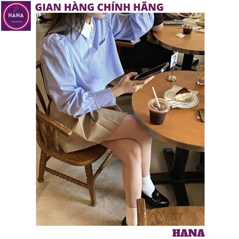 Áo sơ mi kẻ xanh cổ trắng dáng ngắn trẻ trung, Áo sơ mi croptop dài tay kẻ sọc siêu xinh thời trang Hàn quốc - HANA