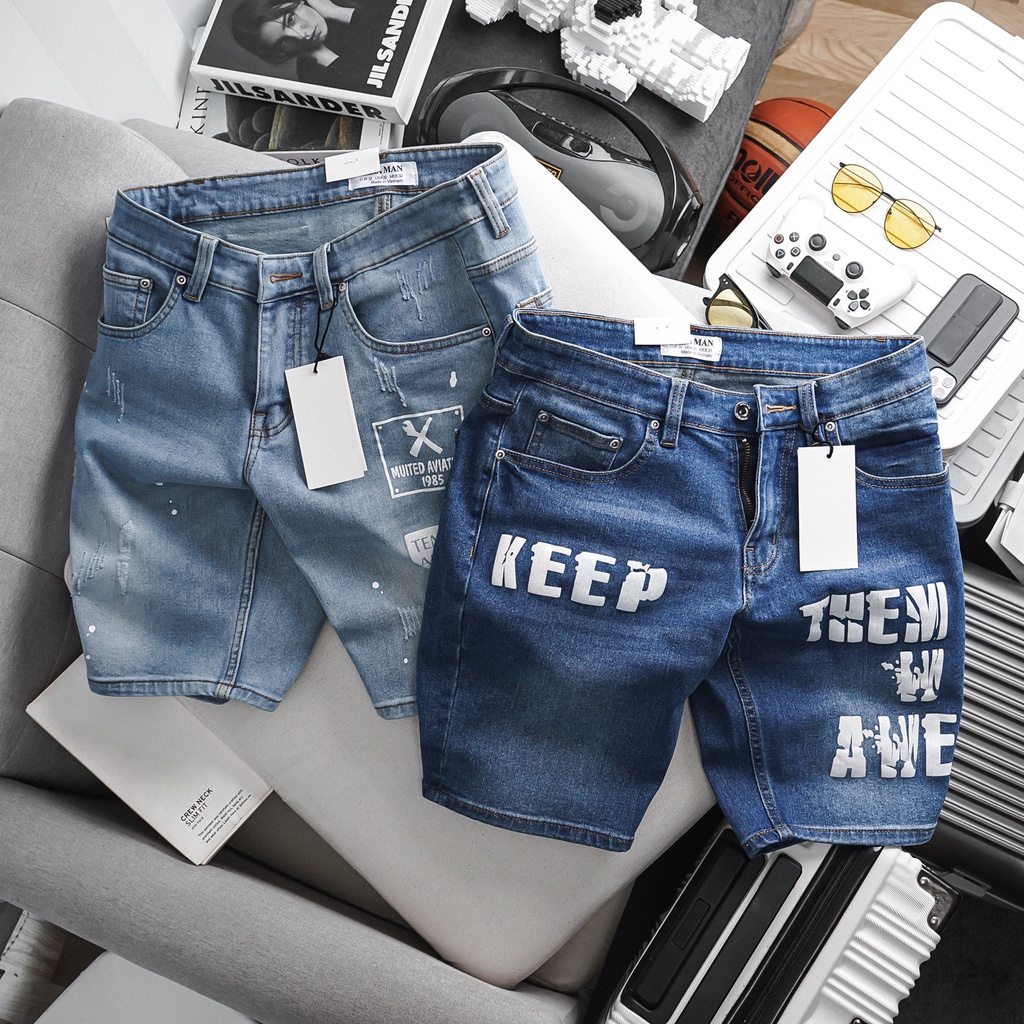 Quần Short Jean Bigsize nam màu xanh họa tiết chất bò jean co giãn slim ôm nhẹ xuất xịn