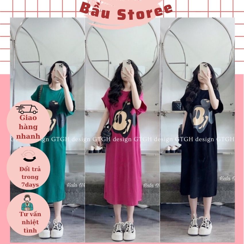 VÁY BẦU COTTON DÁNG XUÔNG TRẺ TRUNG THIẾT KẾ IN HÌNH CHUỘT MICKEY- ĐẦM BẦU CỘC TAY MÙA HÈ GIÁ RẺ