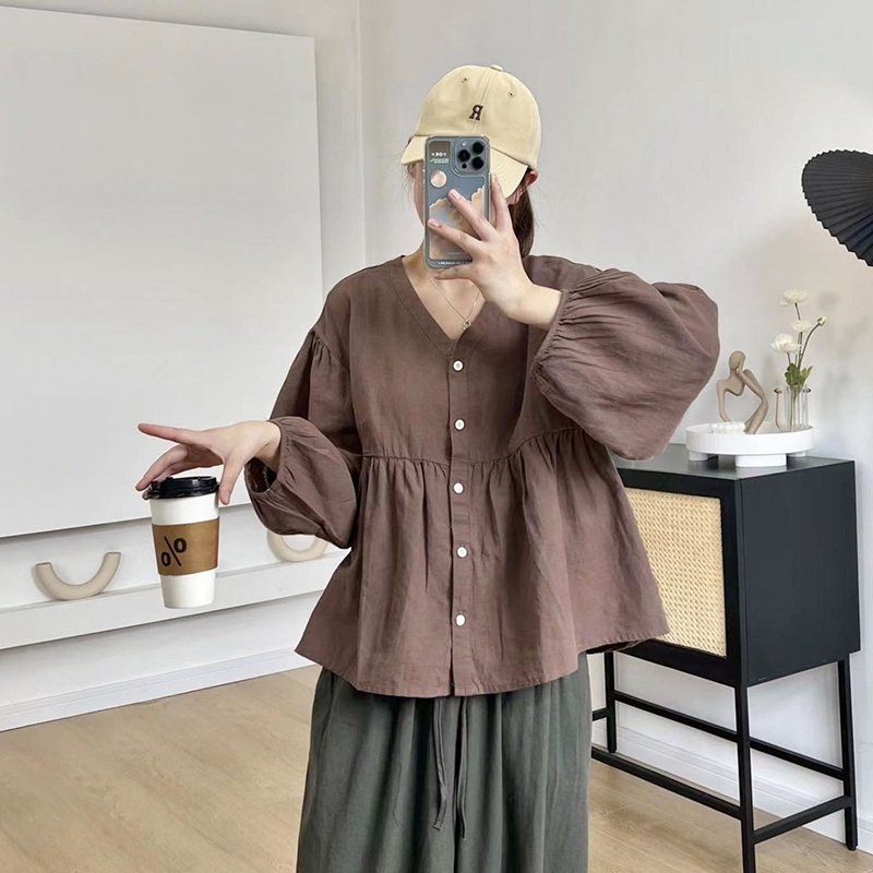 Áo sơ mi KAMAKA linen dài tay cổ V kiểu bo tay - NU8458