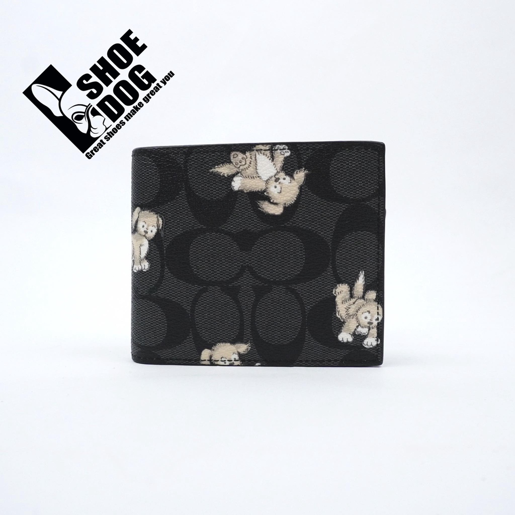 Bóp ví ngắn hàng hiệu nam nữ Coach gập đôi có tặng kèm card holder mono đen hình gấu nền xanh