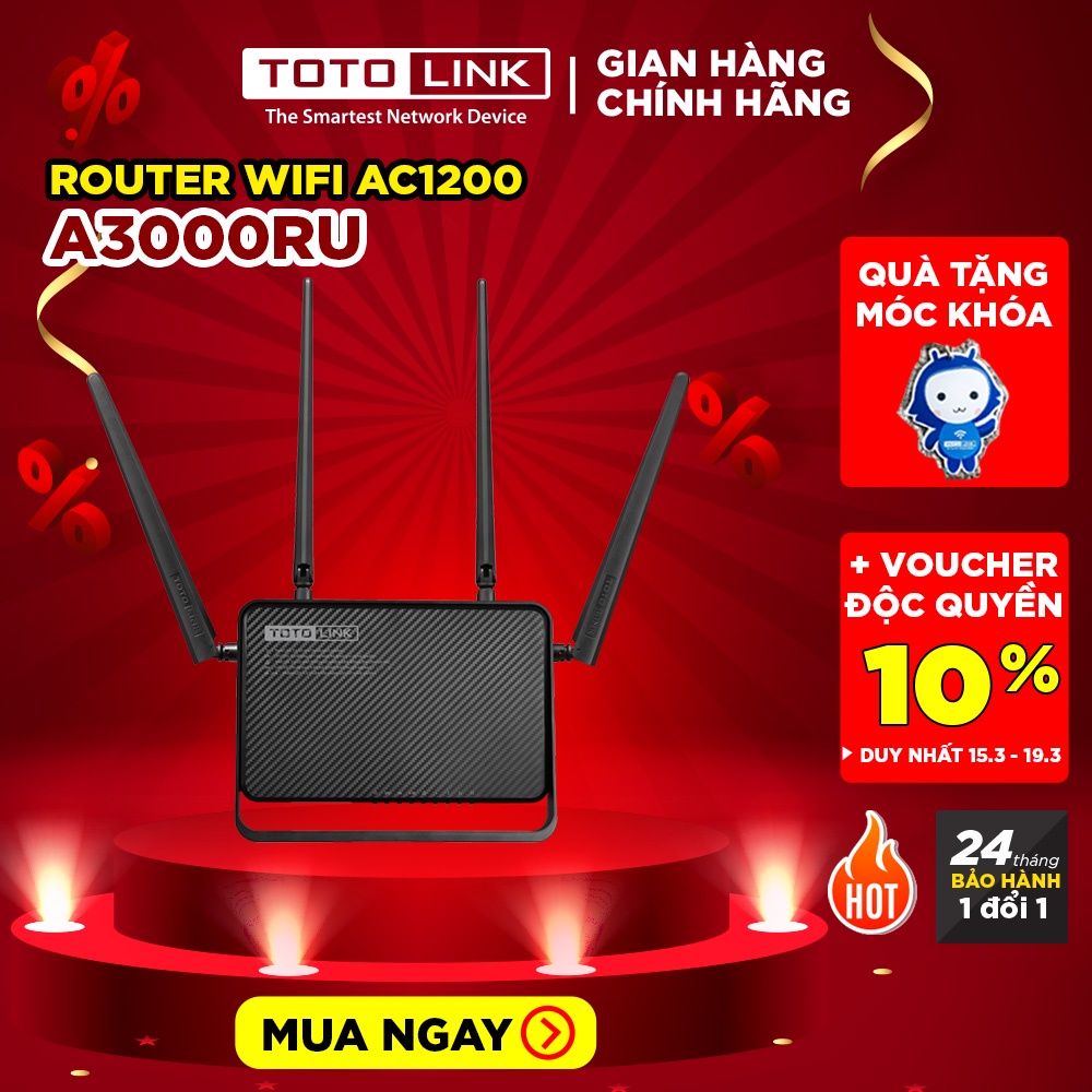 TOTOLINK A3000RU - Router Wi-Fi băng tần kép Gigabit Chuẩn AC 1200Mbps Cục phát wifi