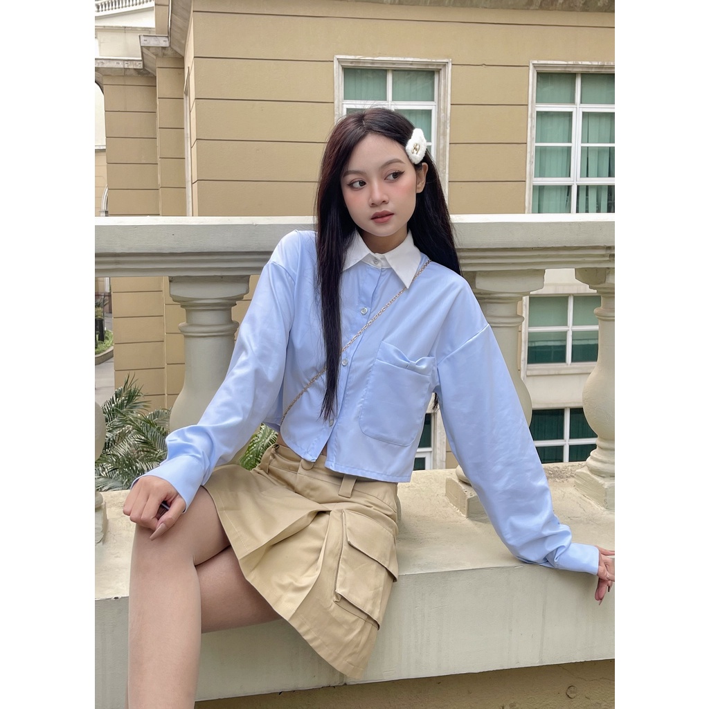 Áo sơmi xanh pastel và chân váy kaki túi hộp - Leama