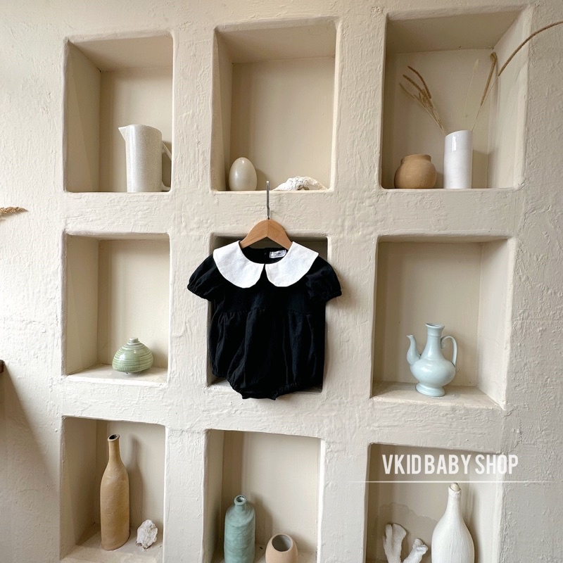 V9 Bộ liền thân bodysuit đen cổ trắng Vkid phong cách tiểu thư cho bé gái size 5-13kg