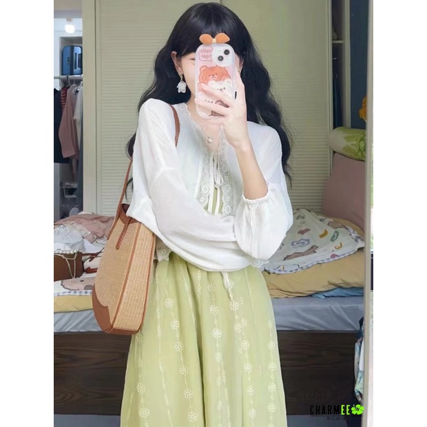 Set Đầm 2 Dây Xanh + Áo Cardigan Trắng