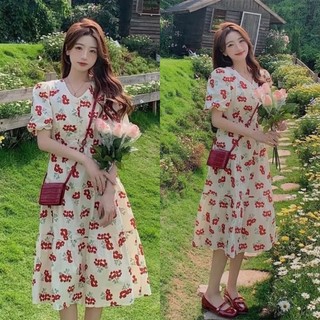 Đầm váy hoa đỏ dáng dài xoè tay bồng vintage ROSIE DRESS