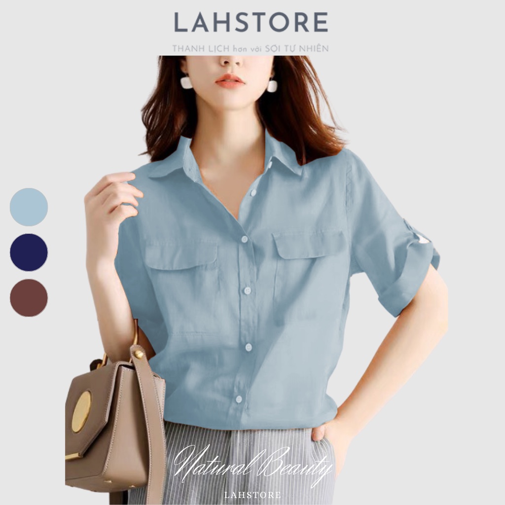 Áo sơ mi nữ tay lỡ linen tưng Hàn dày dặn LAHSTORE cổ đức 2 túi hộp ASL15 (Xanh Dương)