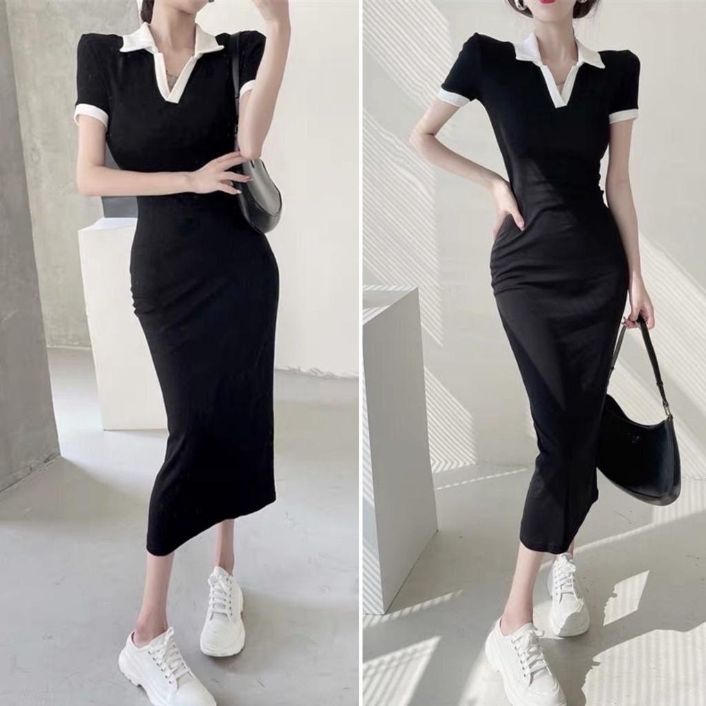 Đầm Body Dáng Dài Cổ Bẻ Kẻ Trắng Phong Cách Hàn Quốc -D9- Có Ảnh và Clip Thật