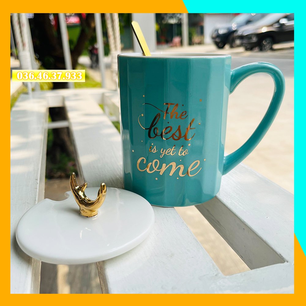 Ly sứ có nắp đậy Cao Cấp dễ thương kèm thìa vàng sang trọng