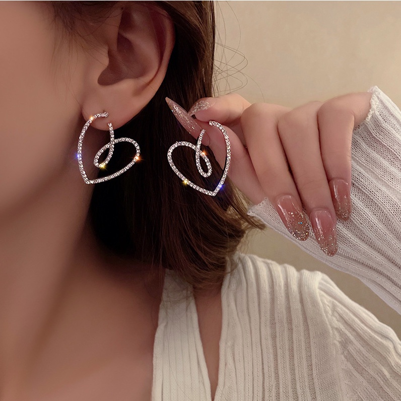 Bông tai nữ hoa tai kim bạc trái tim đính đá lấp lánh phong cách cá tính