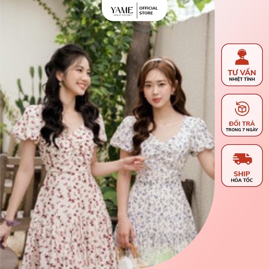 Váy cổ vuông tay bồng nhún ngực hoa đỏ xanh chất tằm ý mềm mịn mát YV07 YAME