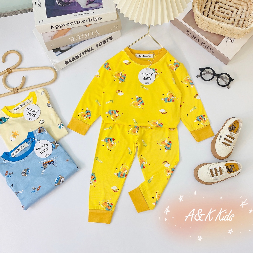 Bộ dài tay in họa tiết phối viền,thun lạnh minky mịn mát cho bé trai, gái size 6-30kg M.59