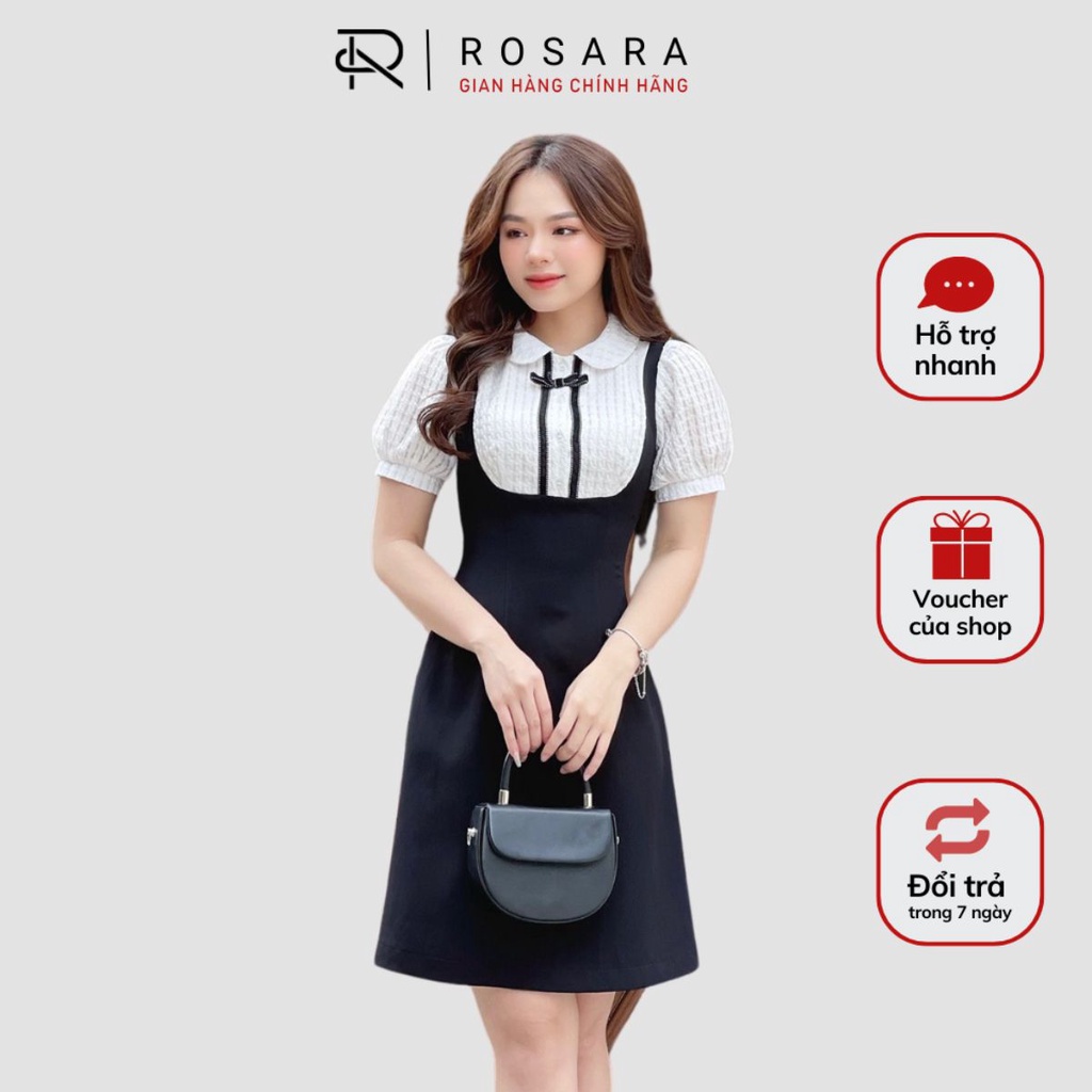 Váy Đầm Đen Phối Nơ Ngấn Tay Cổ Sơ Mi Vai Bồng Thời Trang Rosara VA33