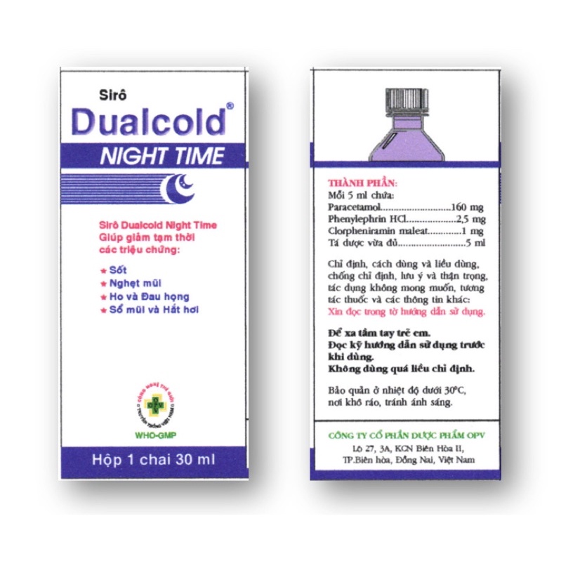 siro dualcold night time hỗ trợ giảm sốt, nghẹt mũi, ho, đau họng, sổ mũi, hắt hơi cho trẻ từ 4 tuổi trở lên