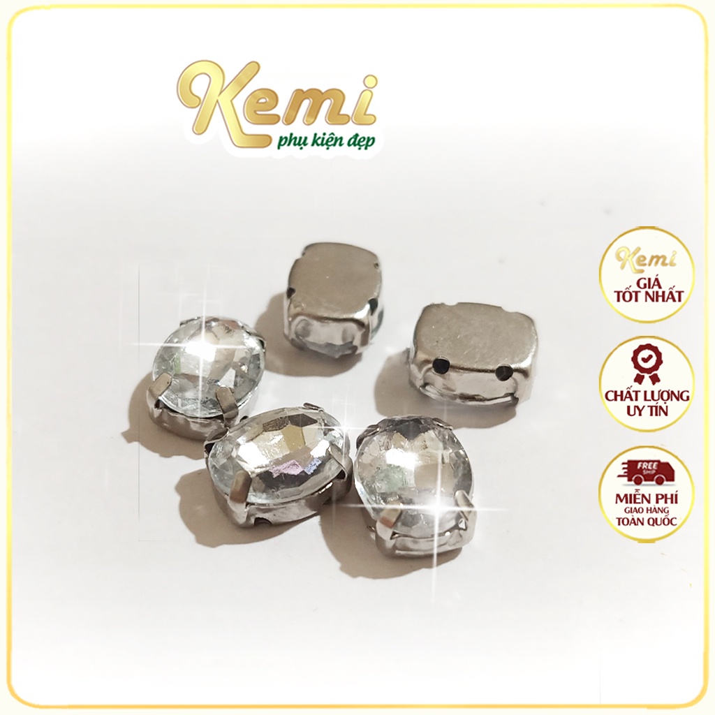 25 Viên đá đế Oval 8x10mm tròn 8mm đế kim loại có lỗ khâu đính kết trang phục thời trang