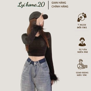 Áo thun croptop lyihome phối lông tay dài chất borip dày dặn, form ôm cực chuẩn