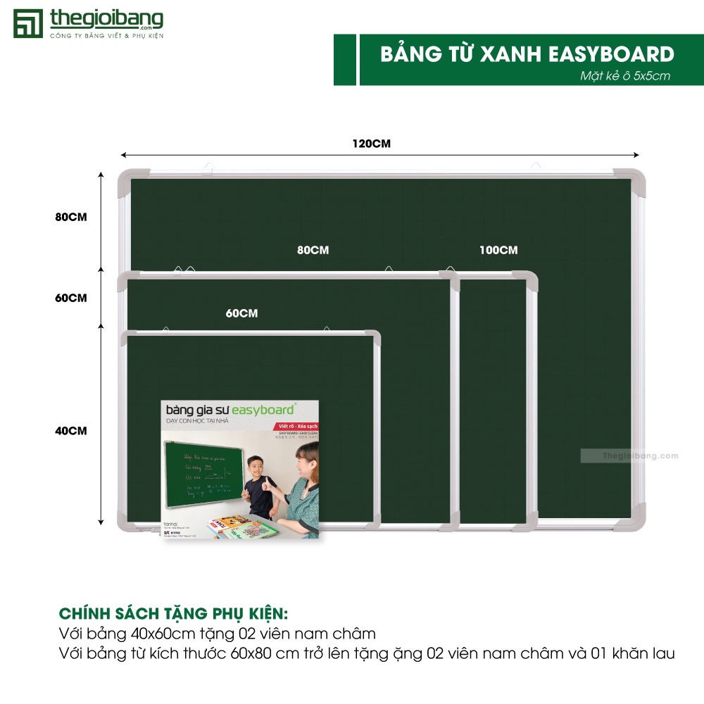 Bảng Từ Xanh Easyboard Tân Hà - Bảng Xanh Viết Phấn - KT 40x60cm, 60x80cm, 60x100cm, 80x120cm - Tặng Phụ Kiện