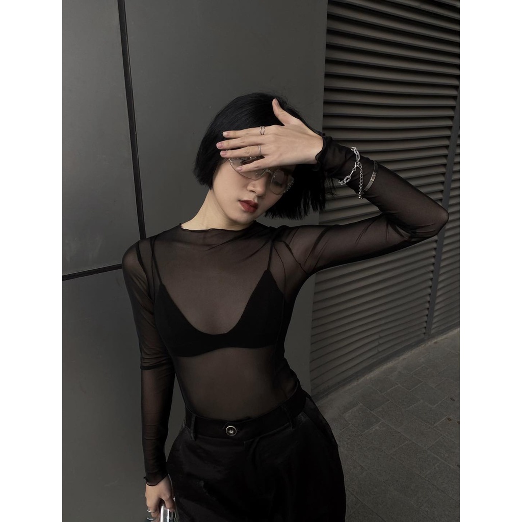 Áo xuyên thấu tay dài, màu đen, là min - LONG SLEEVE MESH TOP