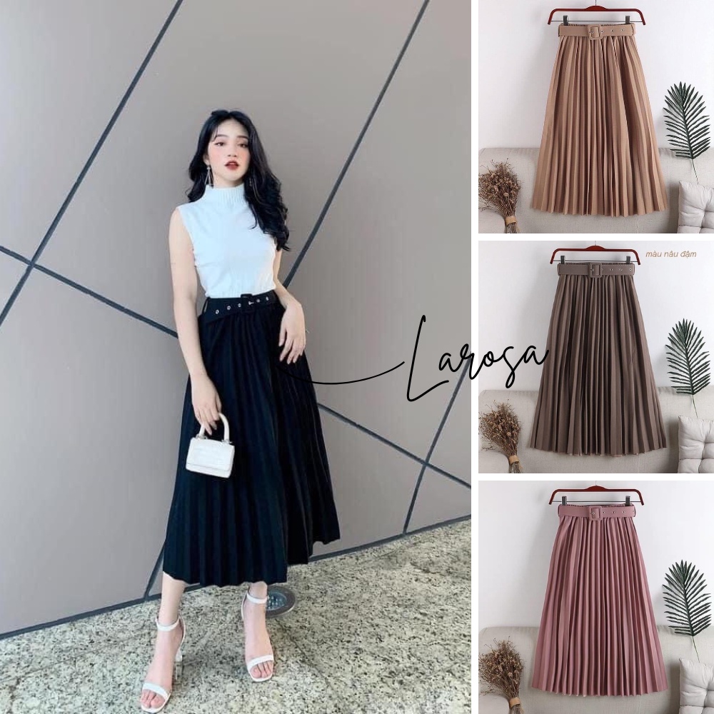 Chân váy xếp ly dài , chân váy dáng xòe màu đen màu be lưng cao kèm đai lưng cạp chun công sở đi chơi du lịch Larosa