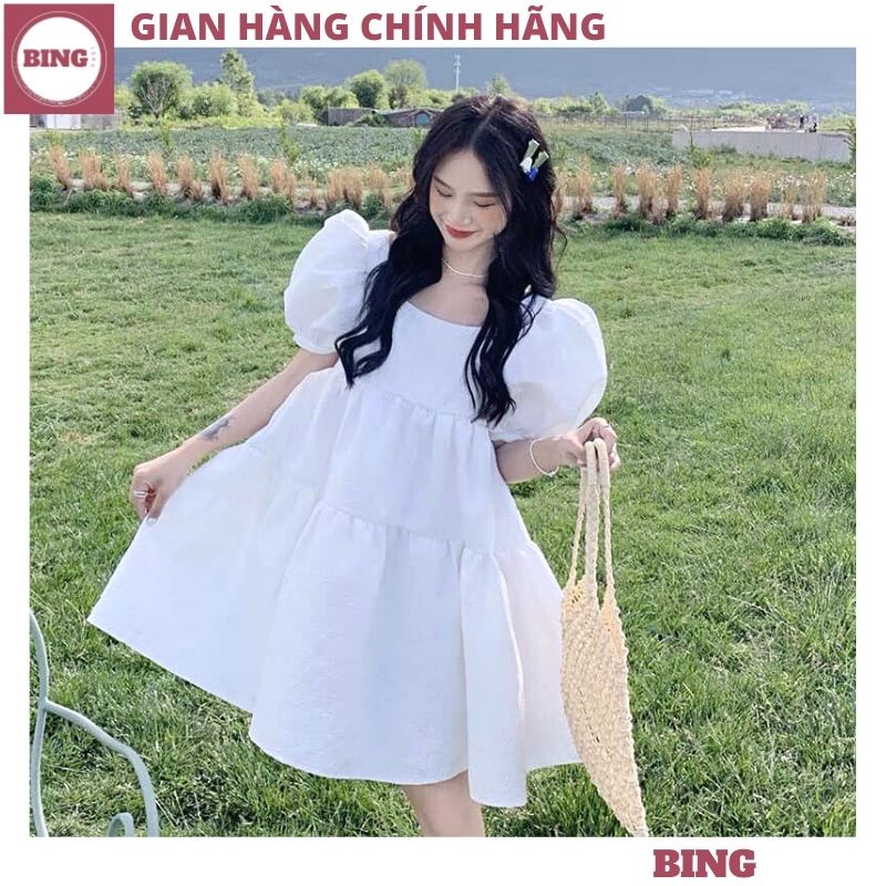 Váy babydoll trắng cổ vuông tay bồng dáng rộng, Đầm xòe tầng nữ tiểu thư dáng ngắn phong cách hàn quốc ulzzang - BING