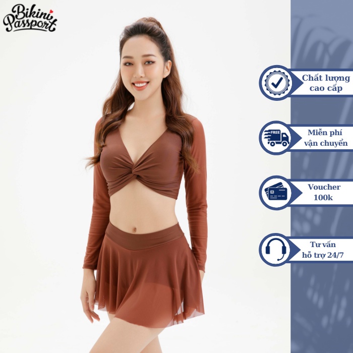 Đồ bơi Nữ BIKINI PASSPORT kiểu Hai mảnh tay dài phối lưới dạng váy - màu Nâu - BS462_BR