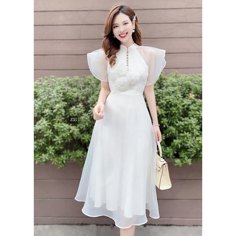 M421 - Đầm voan Mỹ cổ trụ tay cánh tiên cài nút ngực đính hoa sang trọng