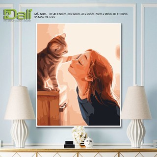 Tranh tự tô màu số hóa dali chủ đề cô gái bên mèo n081