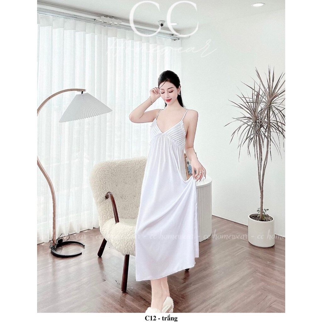 Đầm ngủ váy ngủ sexy C12 hàng hiệu CC HOMEWEAR dáng dài chất lụa maxi xếp li ngực
