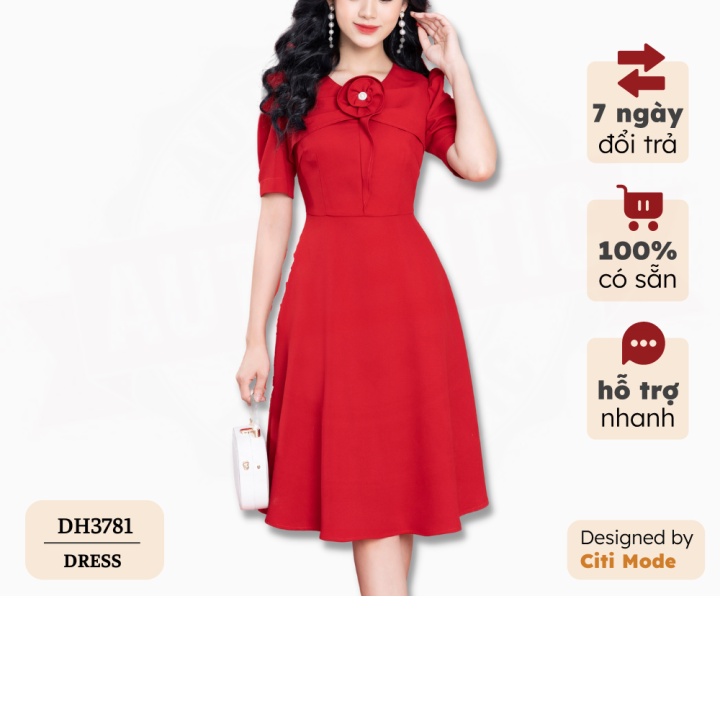 Đầm công sở nữ thiết kế cao cấp CITI MODE dáng xòe đính hoa ngực tay bồng lỡ DH3781