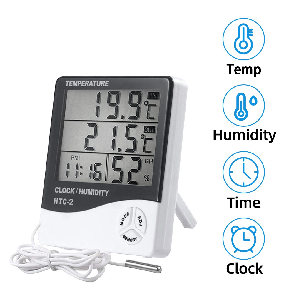 Nhiệt ẩm kế điện tử LCD HTC-2 đo nhiệt độ độ ẩm trong phòng kiêm đồng hồ báo thức