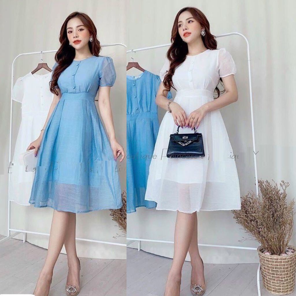 Váy đầm nữ xoè tay con cổ tròn nút bọc (có mút) trẻ trung xinh xắn, Đầm nữ tiểu thư thanh lịch đi làm đi chơi T203