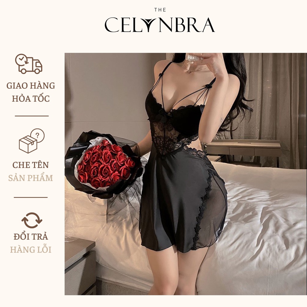 Váy ngủ lụa có gọng mút nâng đẩy ngực phối ren dây đan ngực sexy THE CELYNBRA - V47