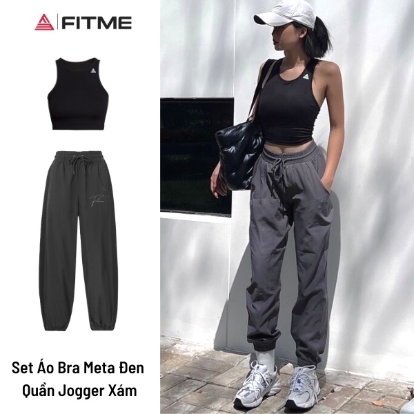 Bộ thể thao nữ Fitme áo bra tập gym Meta Đen, quần jogger microfiber Xám co giãn 4 chiều năng động thấm hút tốt