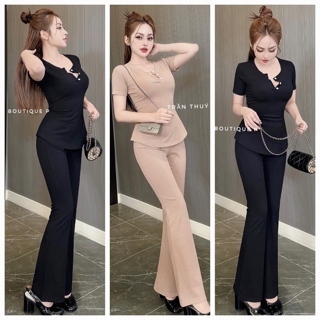 Đồ bộ nữ, set bộ thun gân xốp xịn 2 lớp lưng cao có túi ống loe áo ôm ngắn tay lai bầu phối nút cổ, 