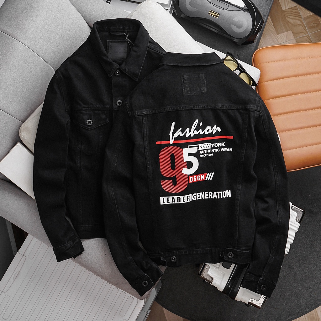 Áo khoác jean nam đen in hình 95, áo bò nam dáng ôm cao cấp co giãn Okman