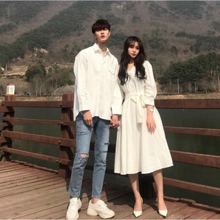 Set đồ đôi nam nữ couple sơ mi nam - váy nữ phong cách Hàn Quốc