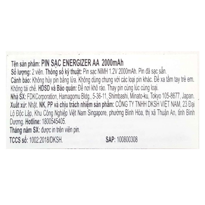 Pin Sạc AA Energizer 2000mAh Combo 2 vỉ